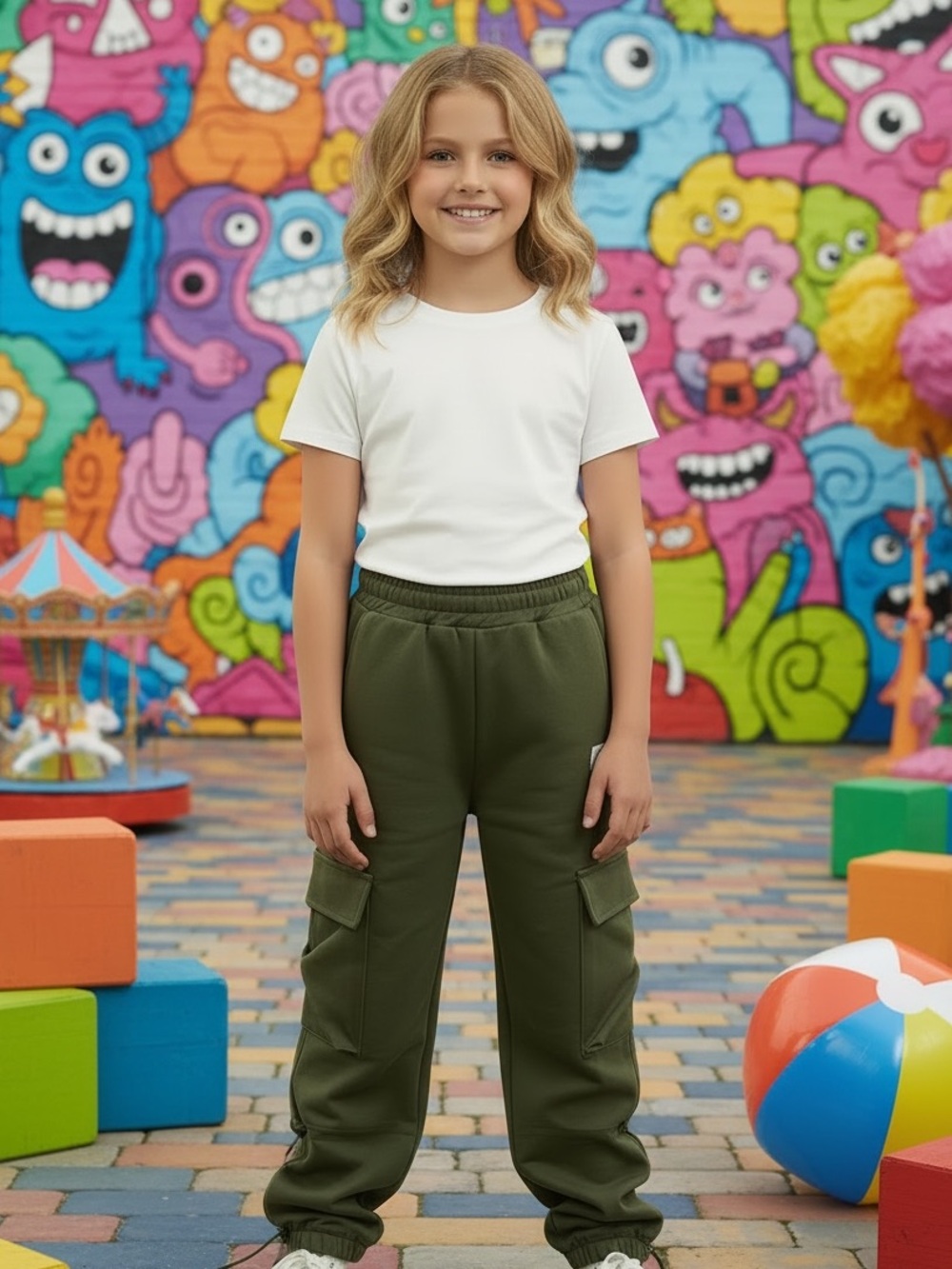 Kids Olive Green Cargo Pants Elastic Waist size 6/7